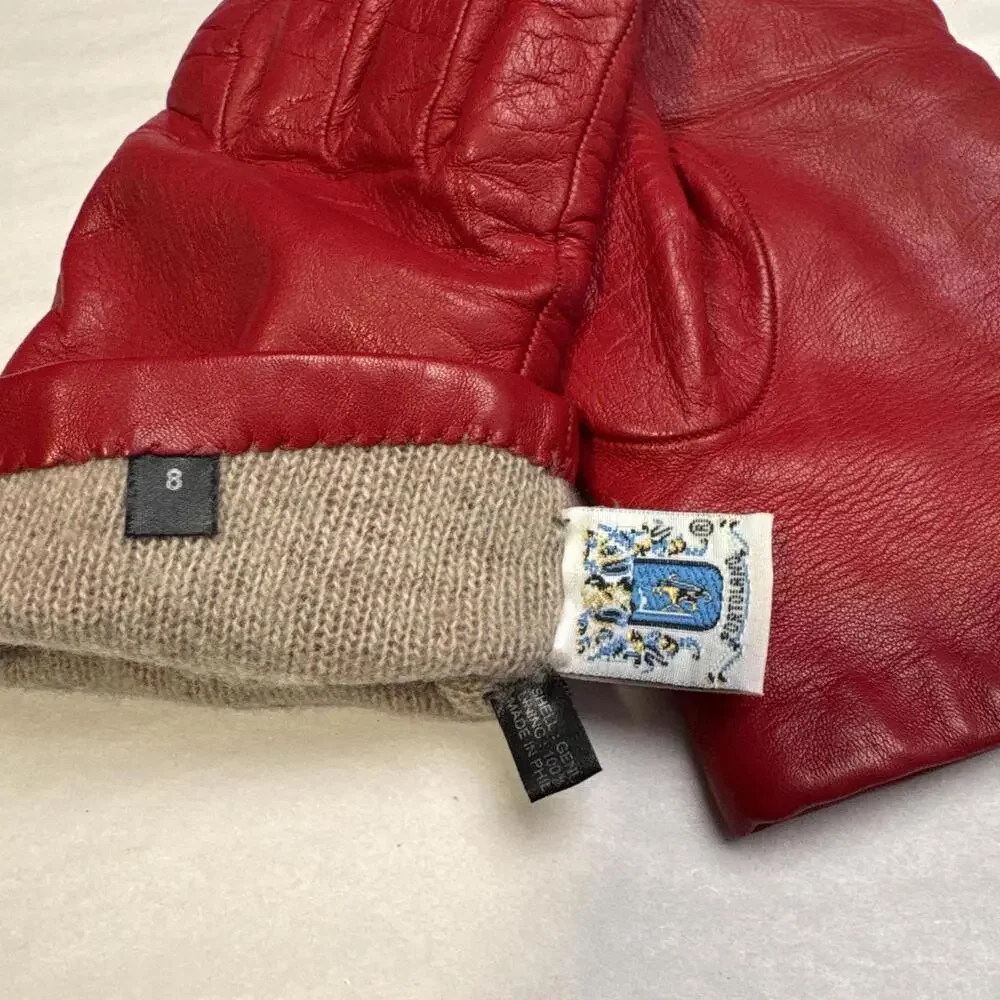 Vintage Portolano Italian Red‎ Leather Cashmere Lined Gloves size 8